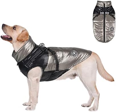 Casaco de clima frio de cão hdkuw com arnês, jaqueta brilhante de cachorro que quente, capa de chuva de colete