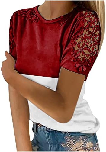 Ladies Boat Neck Tops Bloups Lace Manga curta Lace ombro Bloco de cor solto Fit Summer outono