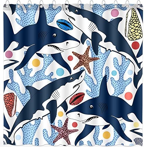 Dephoto Ocean tem temas cortinas de chuveiro para banheiro azul tubarões de cartoon de coral peixes