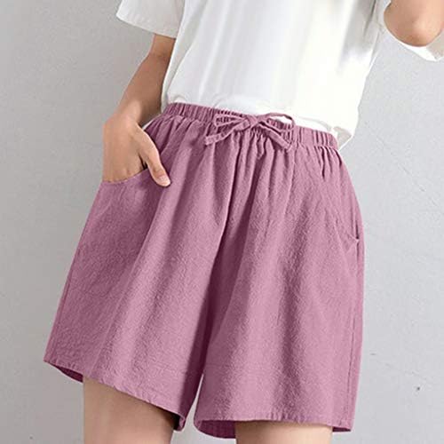 Cintura de shorts finos de linho feminino shorts de linho largo largo casual topo de manga curta alta para mulheres