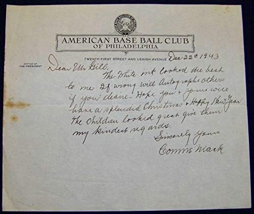 Connie Mack assinou uma carta de beisebol escrita à mão autografada JSA Leilão LOA! - bolas de beisebol