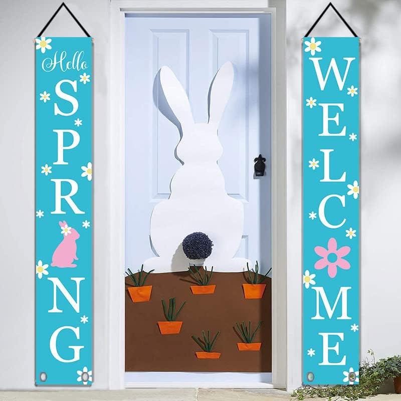 Banner da varanda da primavera Hello Spring Rabbit Flor Bem -vindo sinal da porta da frente para a páscoa da primavera