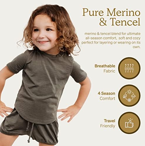 NUI Organics Merino Wool & Tencel Kids T-shirt, camada de base, tecido natural ultra macio, conforto durante