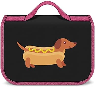 Dachshund em pão de cachorro -quente com bolsa de higieness de mostarda pendurada bolsa de maquiagem de viagem