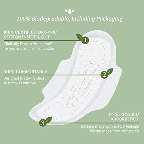 Organyc certificado algodão orgânico feminino com asas, fluxo/absorção pesada, 10 contagem