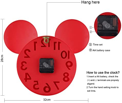 LAFOCUSE Números 3D Relógio de parede Mickey Mickey Relógio para decoração da sala, bateria decorativa