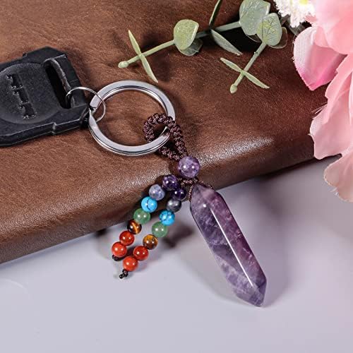 Keychain Moonsix Crystal Hexágono Prism com 7 contas de chakra Reiki Natural Stones Chaços de chaveiro para