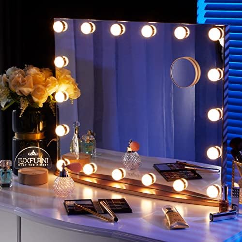 Espelho de vaidade de luxfurni com luzes de maquiagem, grandes espelhos iluminados de hollywood