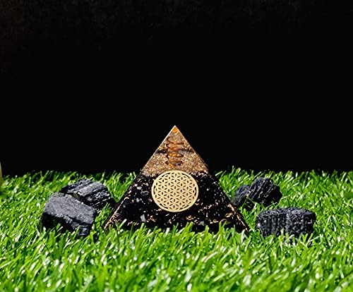 Combo Sawcart de pirâmide de cristal de orgona turmalina preta com símbolo Flower of Life e 4 peças de pedra