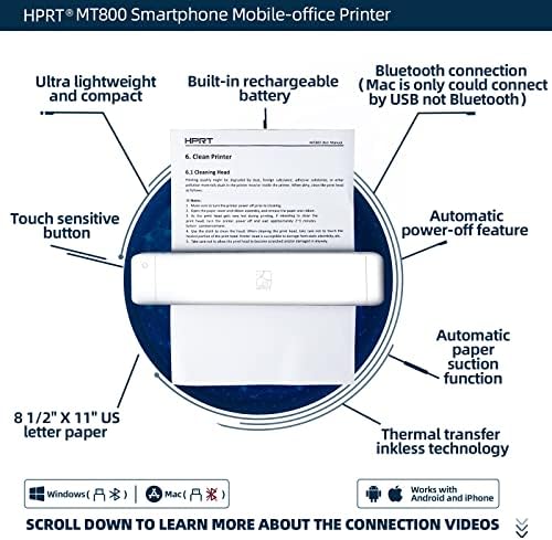 Impressora portátil HPRT MT800 sem fio para viagens Bluetooth Android iPhones Laptops Impressão com estojo