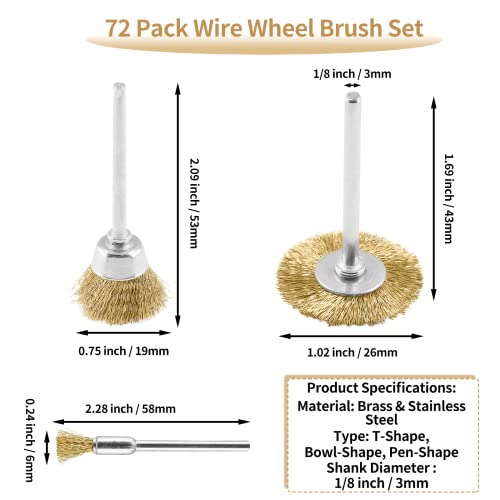 Conjunto de escova de roda aracombie de 72 pacote, hastes de 1/8 polegada de haste de latão pura e kit de