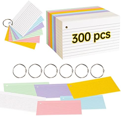 Cartões de índice de Siyomg, 300 PCs 3 x 5 polegadas Puncadeadas cartões de flash com 6 anéis de fichário