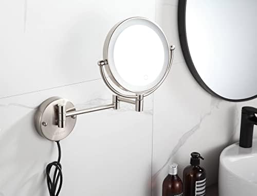 Espelho de maquiagem iluminado de parede Montagem de parede de 8 polegadas de 8 polegadas de 1x 10x espelho de banheiro, escurecimento da tela de toque, braço estendido 360 ROTAÇÃO MELHE