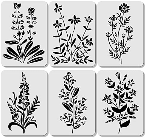 Origach 6 PCs Flores de campo estêncil para pintar 11,7 × 8,3 polegadas de pintura floral reutiliza