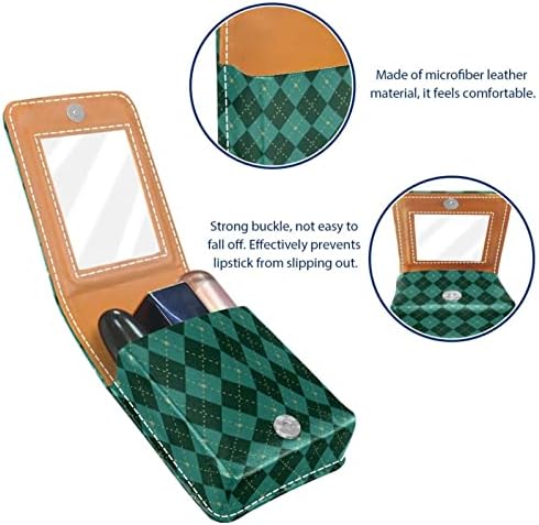 Mini maquiagem de Oryuekan com espelho, bolsa de embreagem Leatherette Lipstick Case, Diamond Plaid Vintage Classic Green Modern
