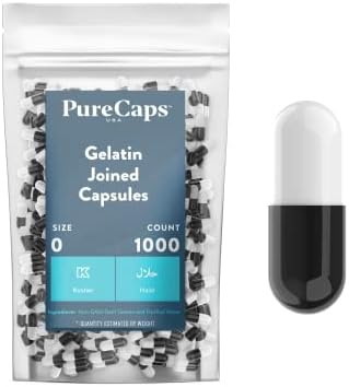 PureCaps EUA - Tamanho 0 Cápsulas de pílula de gelatina preta/branca vazia - dissolução rápida e facilmente digerível - conservante sem ingredientes naturais -