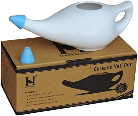 Cerâmica Neti Pote Premium Premium artesanal, limpador de nariz para lava -louças sinusal seguro com 2 bico