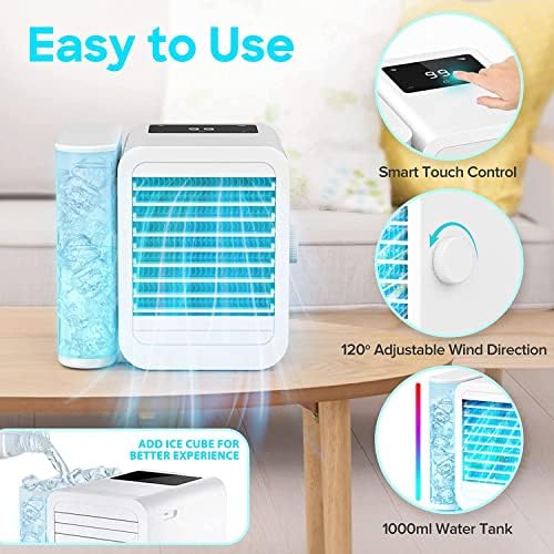 Fan de ar condicionado portátil: 1000 ml de refrigerador de ar evaporativo com 3 velocidades, 7